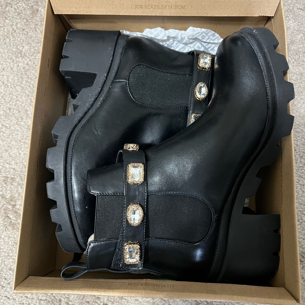 Steve Madden Black Ankle Boots with Gold Accents